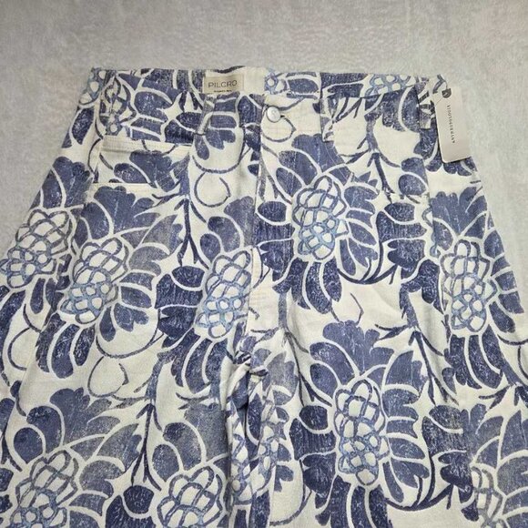 New 31 Anthropologie x Pilcro The Adi printed linen mid-rise flare pants in blu - Picture 5 of 11